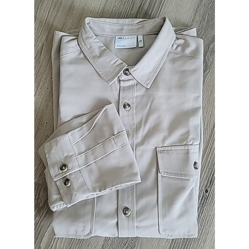 ASOS Design Men's Shirt XXL Tall Stone Button Up Cotton Long Sleeve Neutral Tan